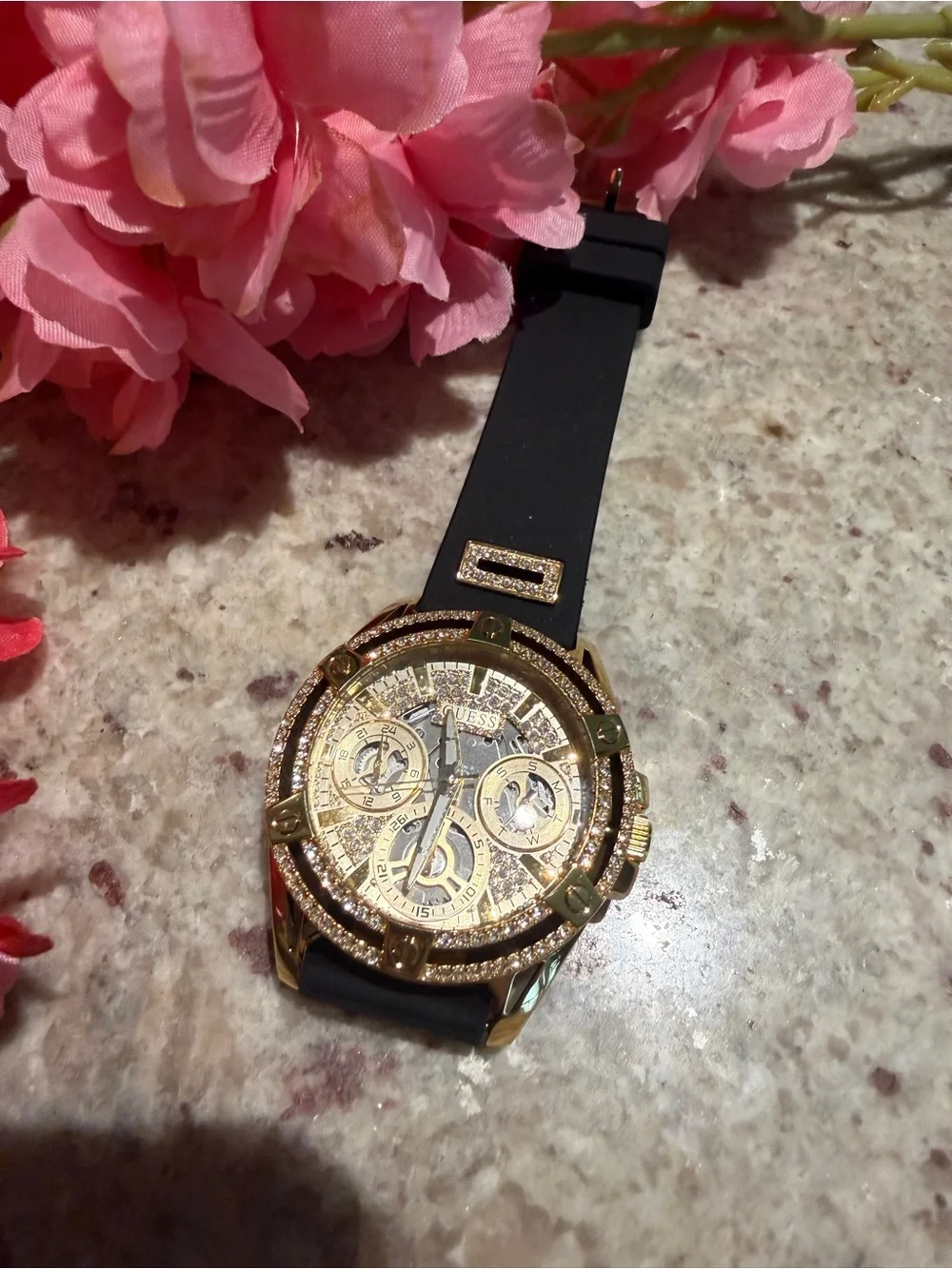 Guess Gold-Tone Chronograph Watch with Black Silicone Strap - Picture 5 of 7